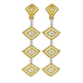 Pair of Modern Design Round Brilliant Cut Fancy Intense Yellow and White Diamond and 18 Karat Yellow Gold Chandelier Earrings.
