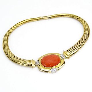 Vintage Italian Large Cabochon Red Coral, Pave Set Round Brilliant Cut Diamond and 14 Karat Yellow Gold Omega Necklace.