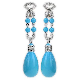 Vintage Persian Turquoise, Micro Diamond and 18 Karat White Gold Chandelier Earrings.