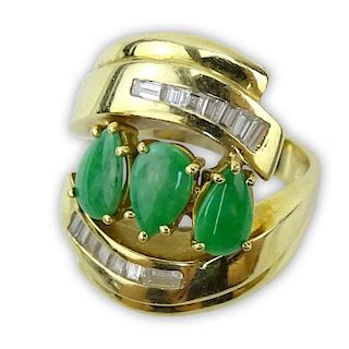 Vintage 18 Karat Yellow Gold, Green Jade and Baguette Cut Diamond Ring.