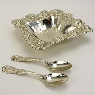 Antique Durgin Sterling Silver Chased Square Bowl And Two Reed & Barton  Francis I Teaspoons.