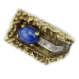 Men's Vintage Star Sapphire, Diamond and 14 Karat Yellow Gold Nugget style Ring.