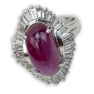Approx. 10.62 Carat Star Ruby, 1.40 Carat Tapered Baguette Cut Diamond and Platinum Ring.