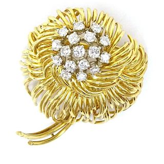 Vintage Round Brilliant Cut Approx. 1.50 Carat Diamond and 18 Karat Yellow Gold Flower Brooch.