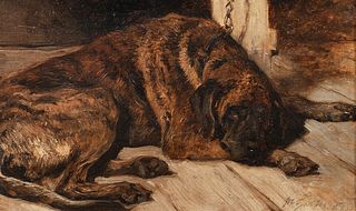 PORTRAIT OF A MASTIFF DOG SLEEPING OIL PAINTING