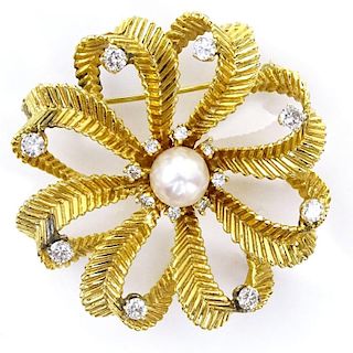 Vintage Approx. 1.0 Carat Round Brilliant Cut Diamond, Pearl and 14 Karat Yellow Gold Pendant/Brooch.