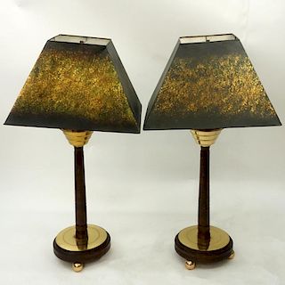 Pair of Danish Modern Style Wood and Brass Table Lamps.