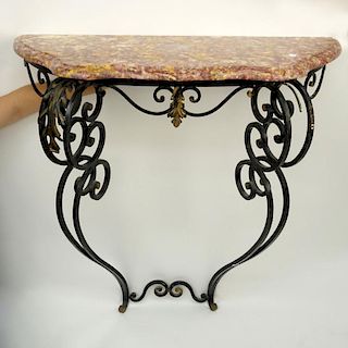Vintage French Style Wrought Iron Marble Top Console Table.