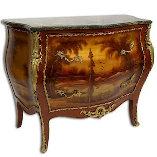 20th Century Vernis Martin Style Bronze Mounted 2 Drawer Marble Top Commode.