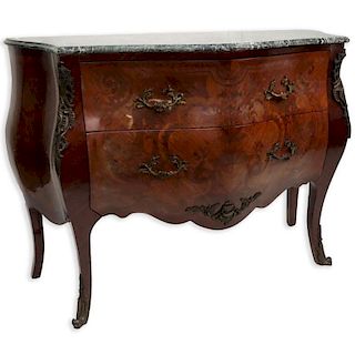 Mid Century Bronze Mounted Marquetry Inlaid 2 Drawer Marble Top Commode.