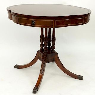 Mid Century English Regency Style Faux Leather Top Mahogany Drum Table.