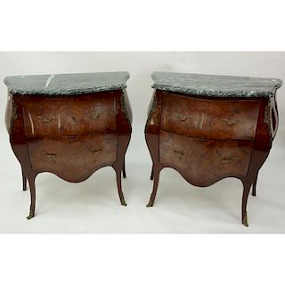 Pair of Mid Century Louis XV Style Bronze Mounted Marble Top End Tables/Commodes.