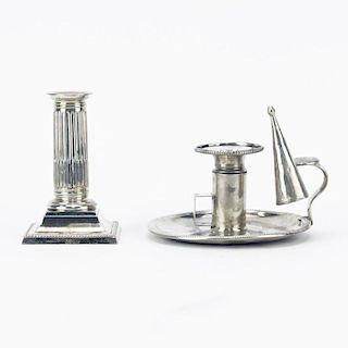 A Small Weighted English Silver Candlestick and a Continental Silver Telescoping Chamber Candle Holder.