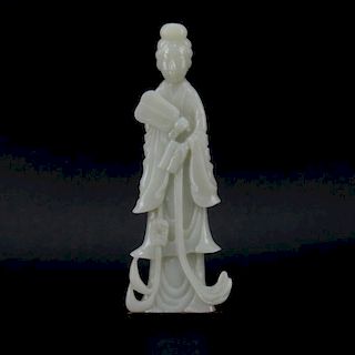 Antique Chinese Carved Celadon Jade Guanyin Figurine on Wooden Stand.