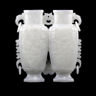Chinese Carved Pale Greyish Champion Style White Jade Urn/Vases.