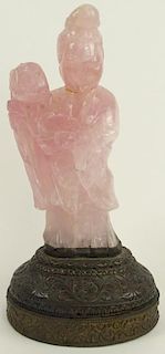 Antique Chinese Carved Rose Quartz Figurine on Brass Base. "Woman in Flowing Robe"
