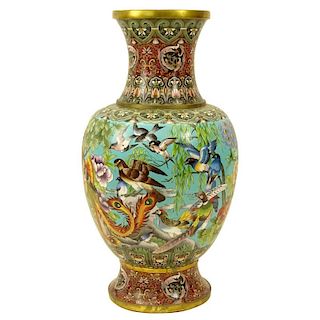 Large 20th Century Chinese Cloisonné Vase with Bird Motif.