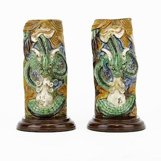 Pair of Antique Chinese Glazed Pottery Roof Tiles Mounted On Rosewood Bases As Bookends.