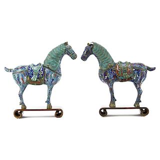 Pair of Mid 20th Century Chinese Cloisonné Enamel Tang Horse Figures on Wood Bases.
