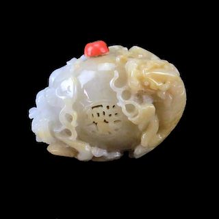 19th/20th Century Chinese Carved Jade Chilung Boulder with Coral Addition.