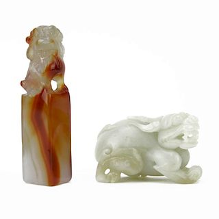 Chinese Carved Celadon Jade Foo Lion together with a Chinese Carved Agate Chop Seal with Foo Lion Finial.