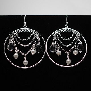 STERLING SILVER WHITE PEARL ROUND DANGLE HOOP EARRINGS 925 NEW OLD STOCK (154)