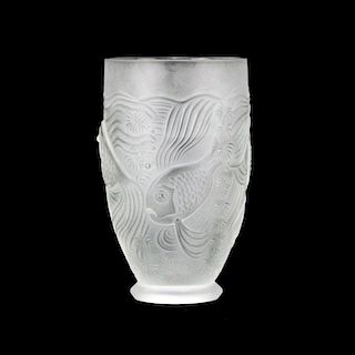 Czech Frosted Glass Vase with Fish Motif.