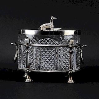 Antique English Victorian Silver Plate and Crystal Biscuit Box.