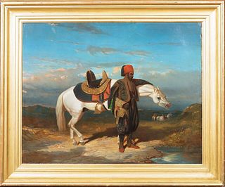 ARABIAN WHITE HORSE & RIDER OIL PAINTING