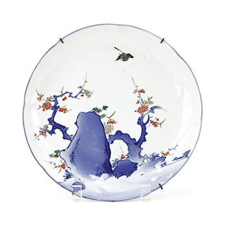 Vintage Japanese Scalloped Edge Porcelain Charger. Depicts bird and blue tree design on surface.