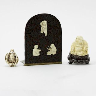 Vintage Chinese Carved Ivory Seated Hotei on wood base, a Chinese Carved Lacquer Bookend with Inset Carved Bone Figures and a Japanese Carved Ivory Ne