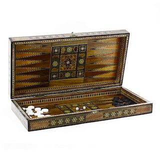 Fine Middle Eastern Mother of Pearl Inlaid Mosaic Backgammon Board.