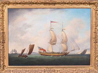 SHIPS SAILING OFF THE COAST OIL PAINTING