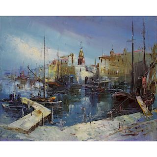 Vintage Oil on Canvas of an Abstract Venetian Harbor Scene