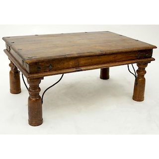 Vintage Rustic Teak Wood Brass Mounted Low Table. Rubbing or wear to surface.