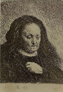 after: Rembrandt van Rijn (DUTCH, 1606-1669) Antique etching "Rembrandt's Mother with Hand on Chest"