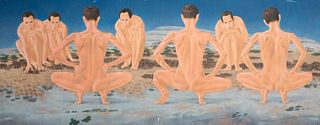 NUDE MALE SQUATTING OIL PAINTING