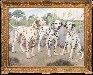 PORTRAIT OF THREE DALMATIAN DOGS OIL PAINTING