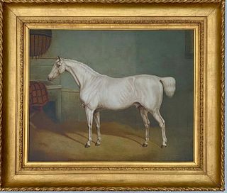 PORTRAIT OF A WHITE/GREY HUNTER IN A STABLE OIL PAINTING