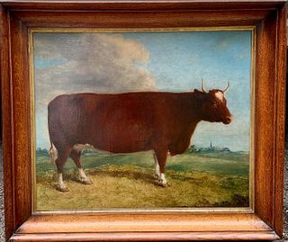 PORTRAIT OF A BULL IN A LANDSCAPE OIL PAINTING