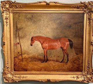 BAY HUNTER HORSE IN A STABLE OIL PAINTING