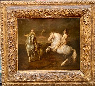 TWO MILITARY MEN ON HORSE BACK OIL PAINTING