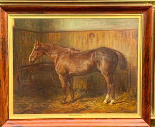 PORTRAIT OF A HUNTER IN A STABLE OIL PAINTING