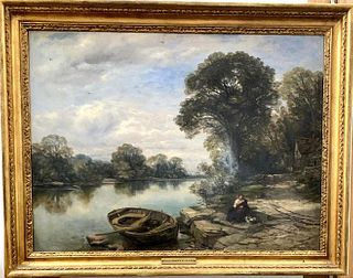 RIVER LANDSCAPE WITH COTTAGE OIL PAINTING