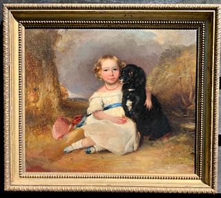 PORTRAIT OF A YOUNG GIRL WITH HER PET SPANIEL DOG OIL PAINTING