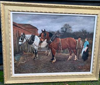 FARM YARD SCENE WITH SHIRE HORSES OIL PAINTING