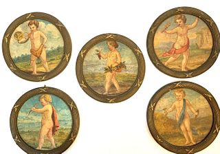SET OF FIVE PORTRAITS OF PUTTI OR ANGELS OIL PAINTING
