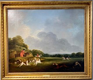 FOX HUNTING IN A LANDSCAPE OIL PAINTING