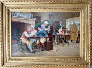 PUB INTERIOR WITH FIGURES DRINKING OIL PAINTING