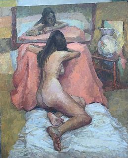 PORTRAIT OF A NUDE WOMAN IN A BED OIL PAINTING